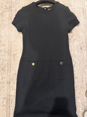 Tory Burch Black Short-Sleeve Mini Dress with Gold Button Pockets
